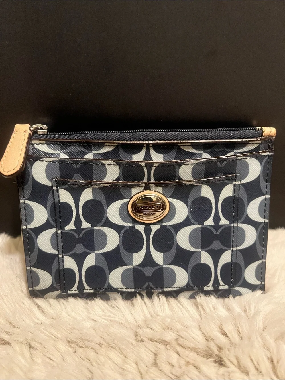 Coach Peyton Navy Signature Dream C Card Case with Gold Plaque